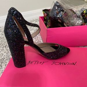 Betsey Johnson black glitter open toe 4 in block heel with ankle strap.